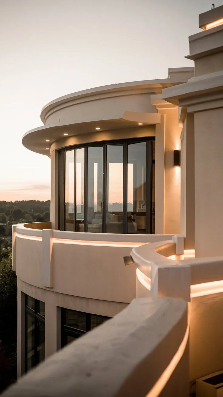 Soft lighting paints your sleek home in a captivating glow, as you take in the panoramic vista from your lofty perch