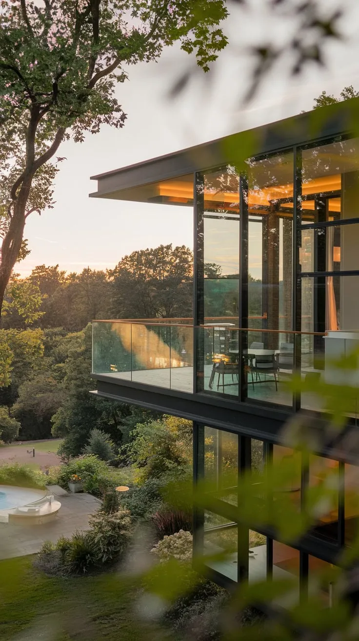 From your high vantage point, you see a sleek glass home nestled in vibrant greenery, its softly lit balcony overlooking a breathtaking vista