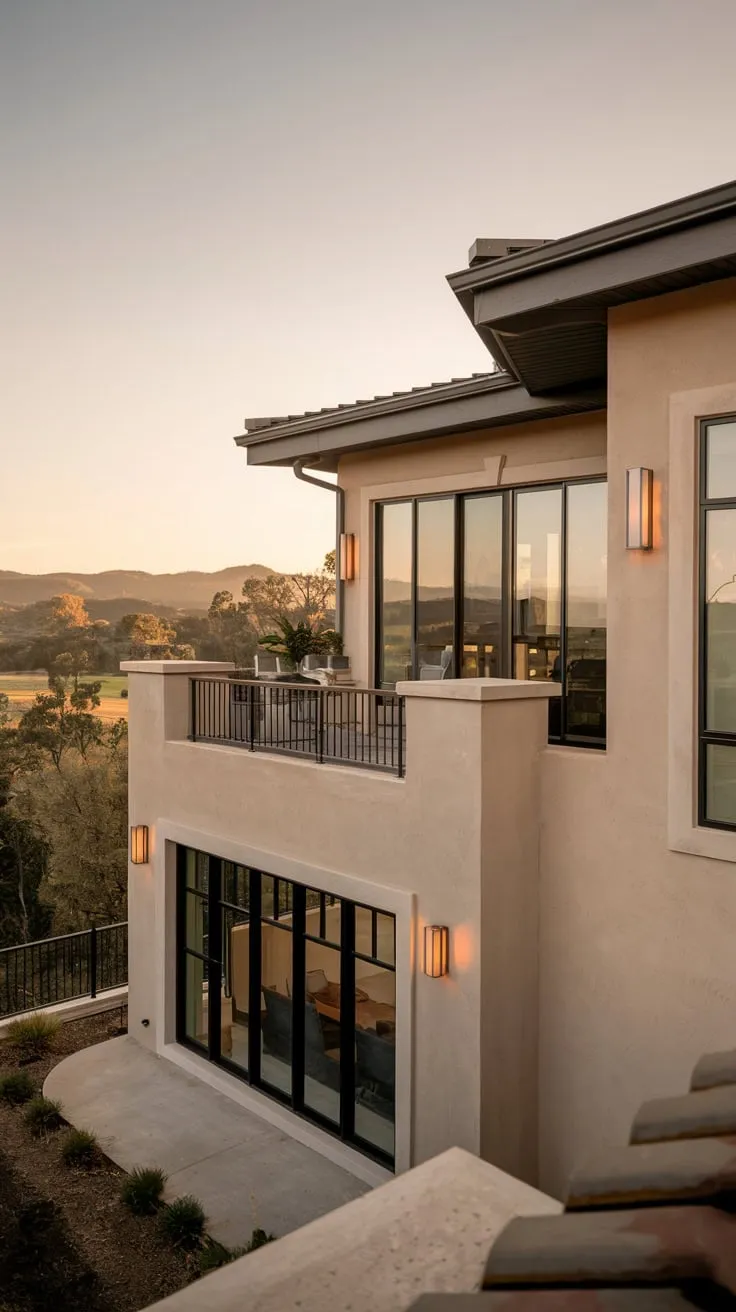 A beautiful home, softly lit, sits majestically overlooking a stunning vista, its balcony aglow