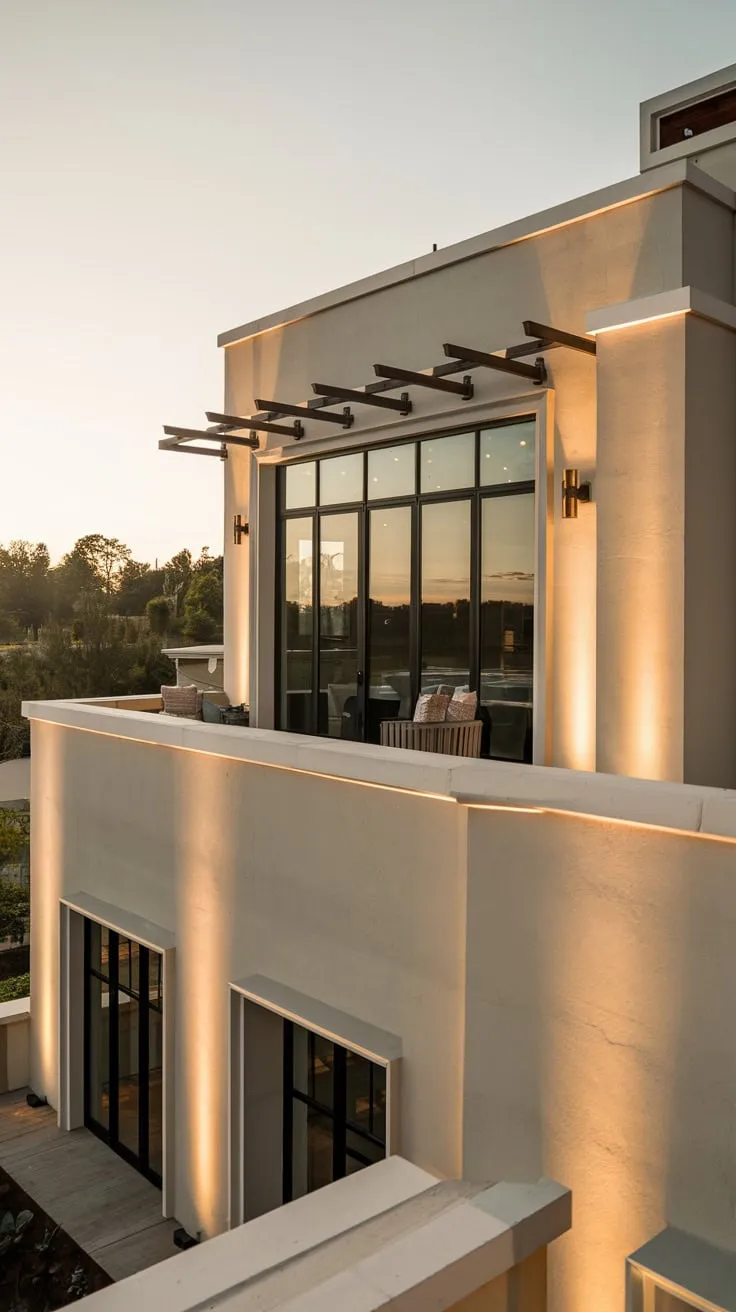 Soft lighting bathes your new home's balcony and surrounding view, creating a warm, inviting atmosphere