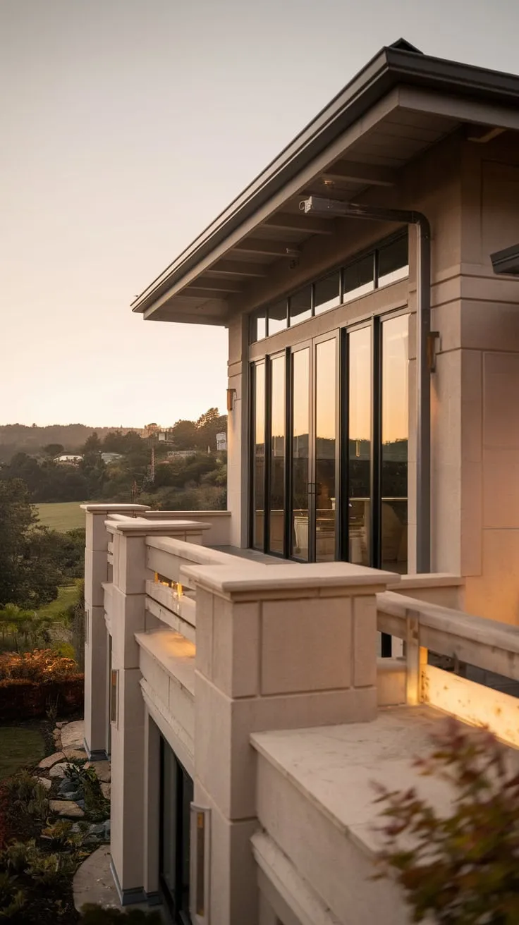 From above, you'll see a warmly lit home nestled in a scenic landscape, its balcony glowing softly