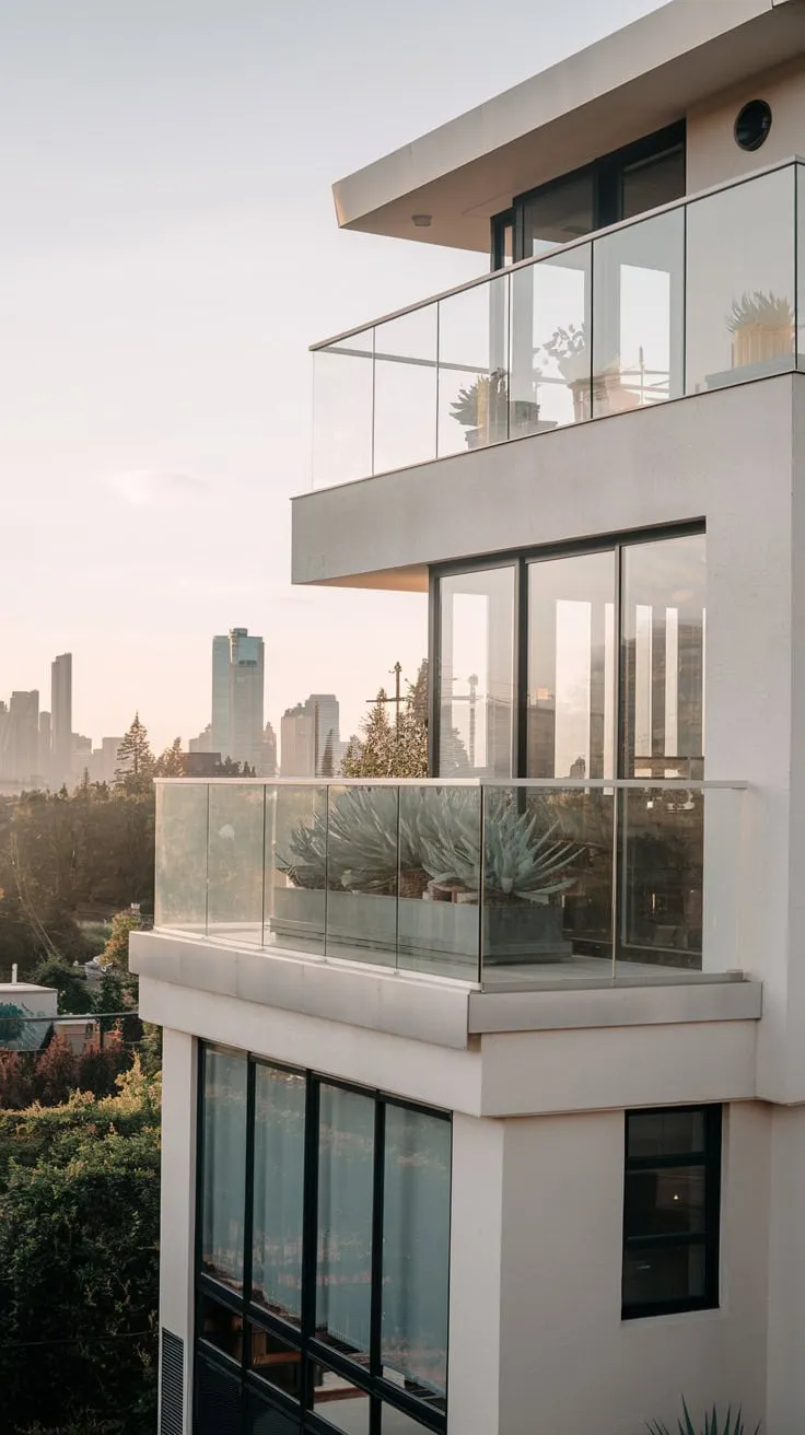 Soft light bathes your sleek white home's glass-railed balcony, potted plants adding life to the cityscape view below