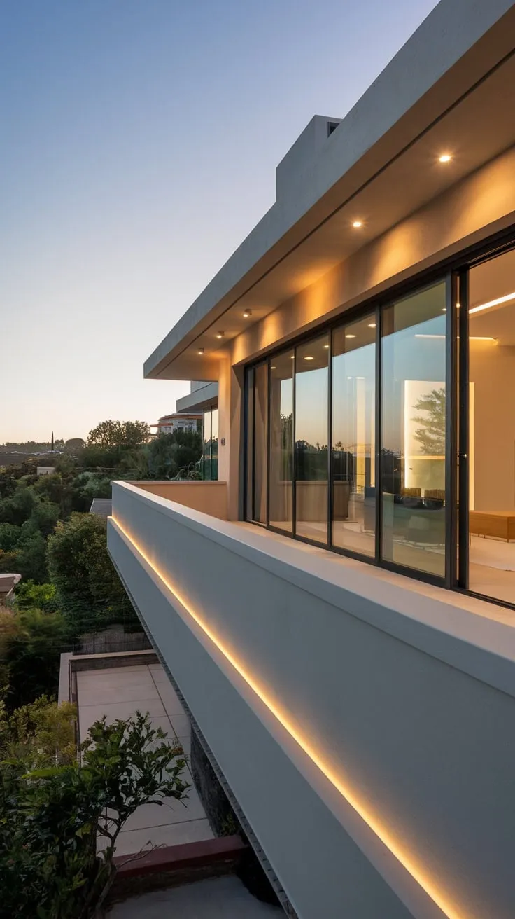 Soft evening light illuminates your minimalist balcony, offering a panoramic view of lush greenery and distant buildings from your clean-lined home
