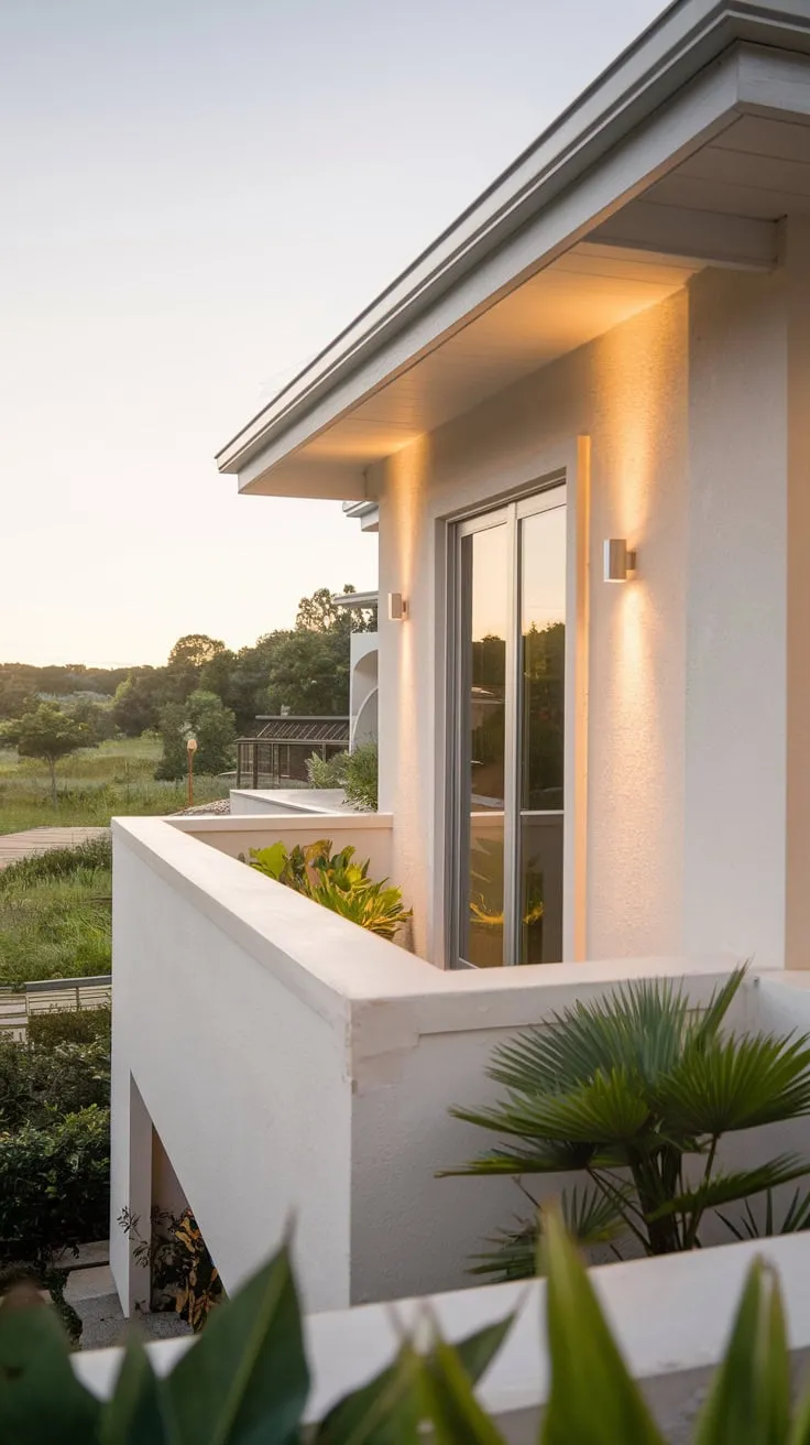 A serene view unfolds beyond your softly lit balcony, showcasing a peaceful scene from your stylish white home