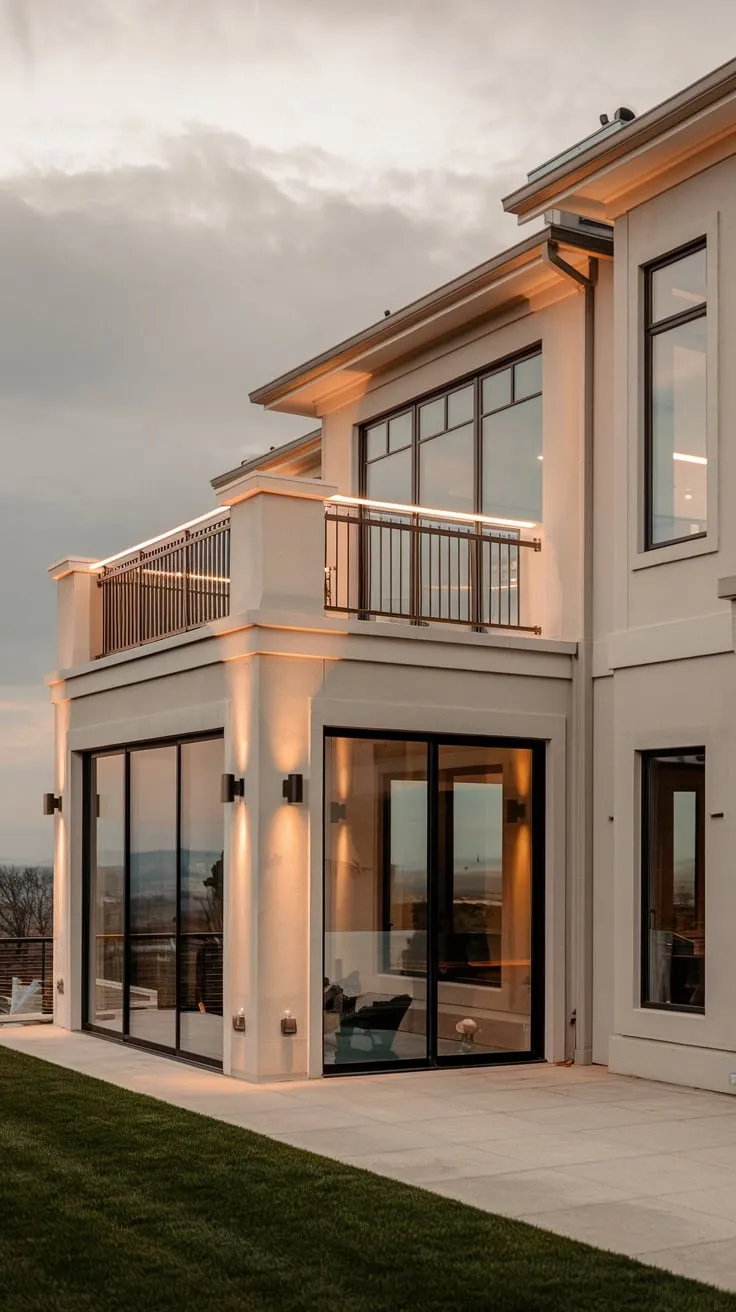 Soft light illuminates your minimalist home's clean lines, a balcony overlooking a view under a gray sky