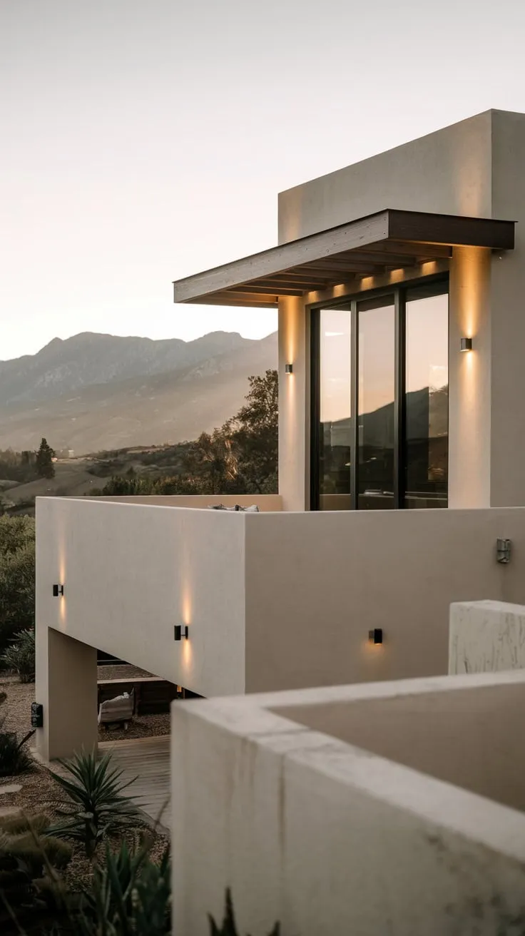 Embrace serene living in this stunning modern abode, where soft lights and majestic mountains create an idyllic escape