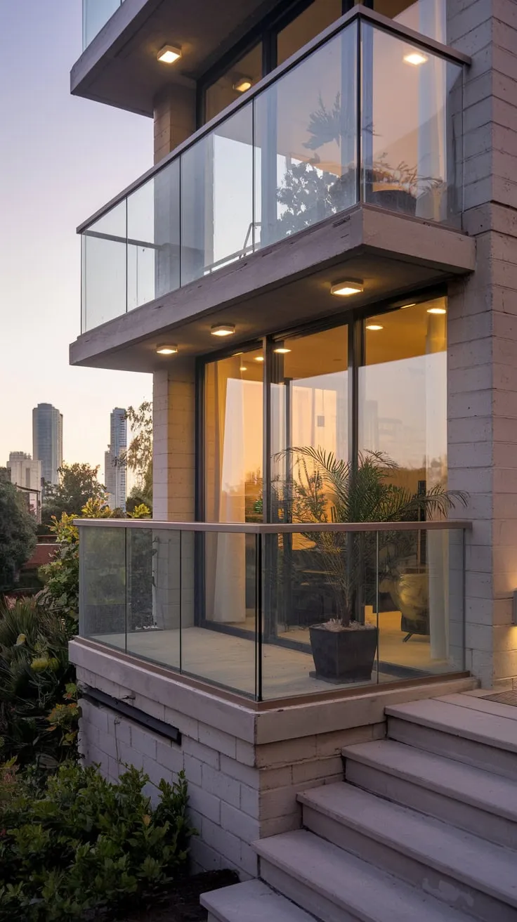 Soft light illuminates your balcony's glass railing, a potted plant beside you as you gaze at the city's skyline from your concrete building