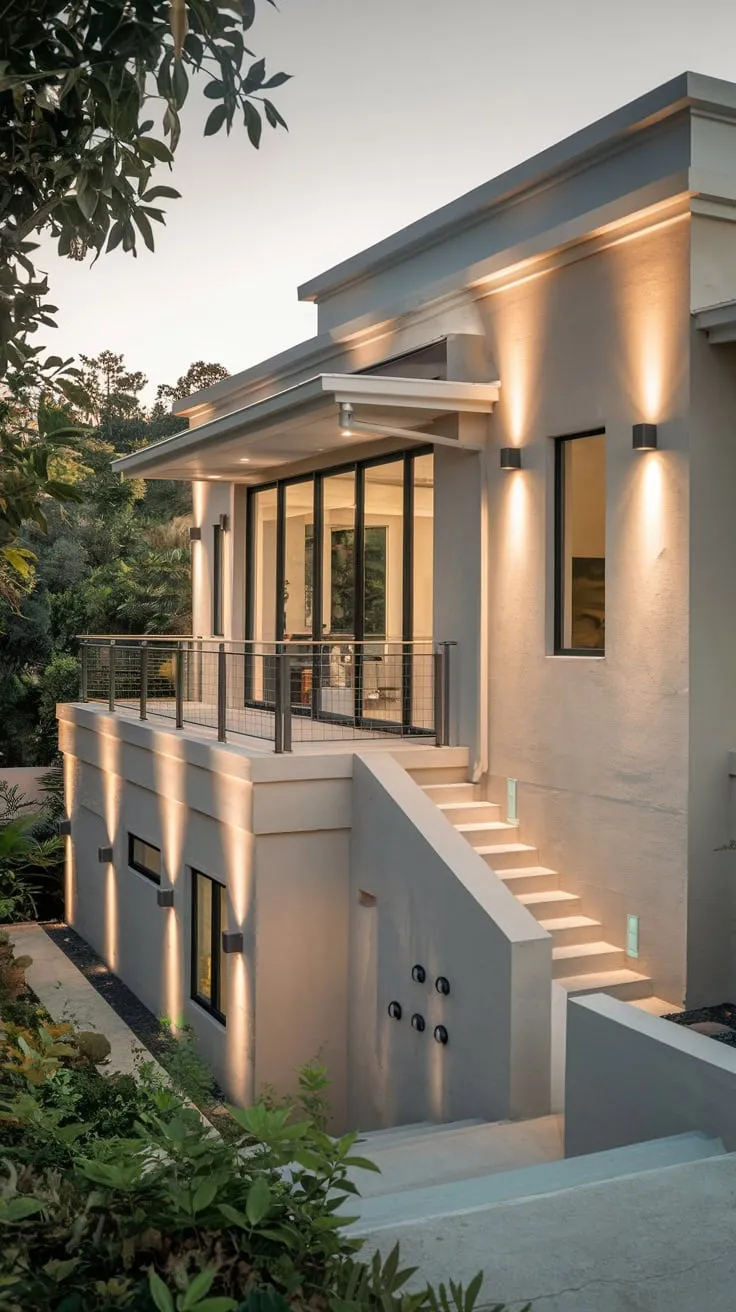 Soft light illuminates a clean-lined home nestled in lush greenery, its multi-level design showcasing a balcony with a captivating view and a welcoming pathway