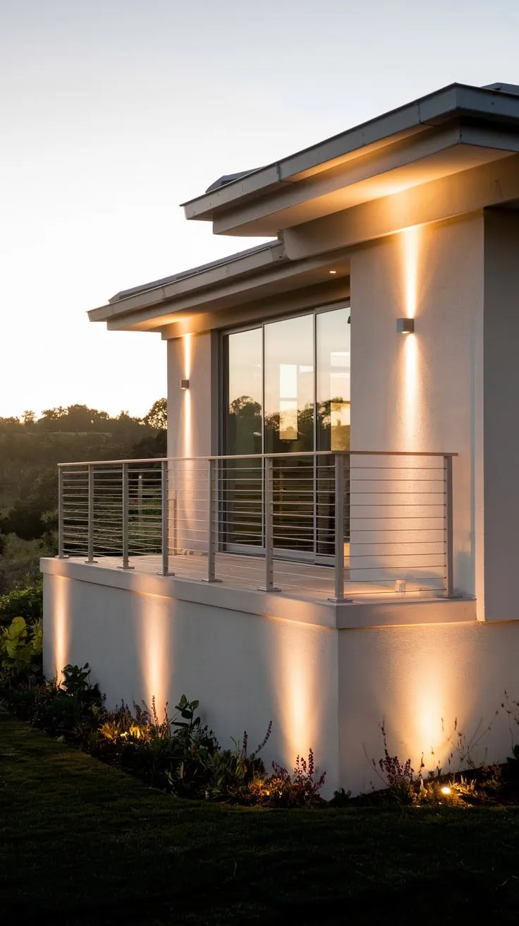You'll find yourself captivated by the soft lighting and tranquil landscape visible from the minimalist white house's illuminated balcony