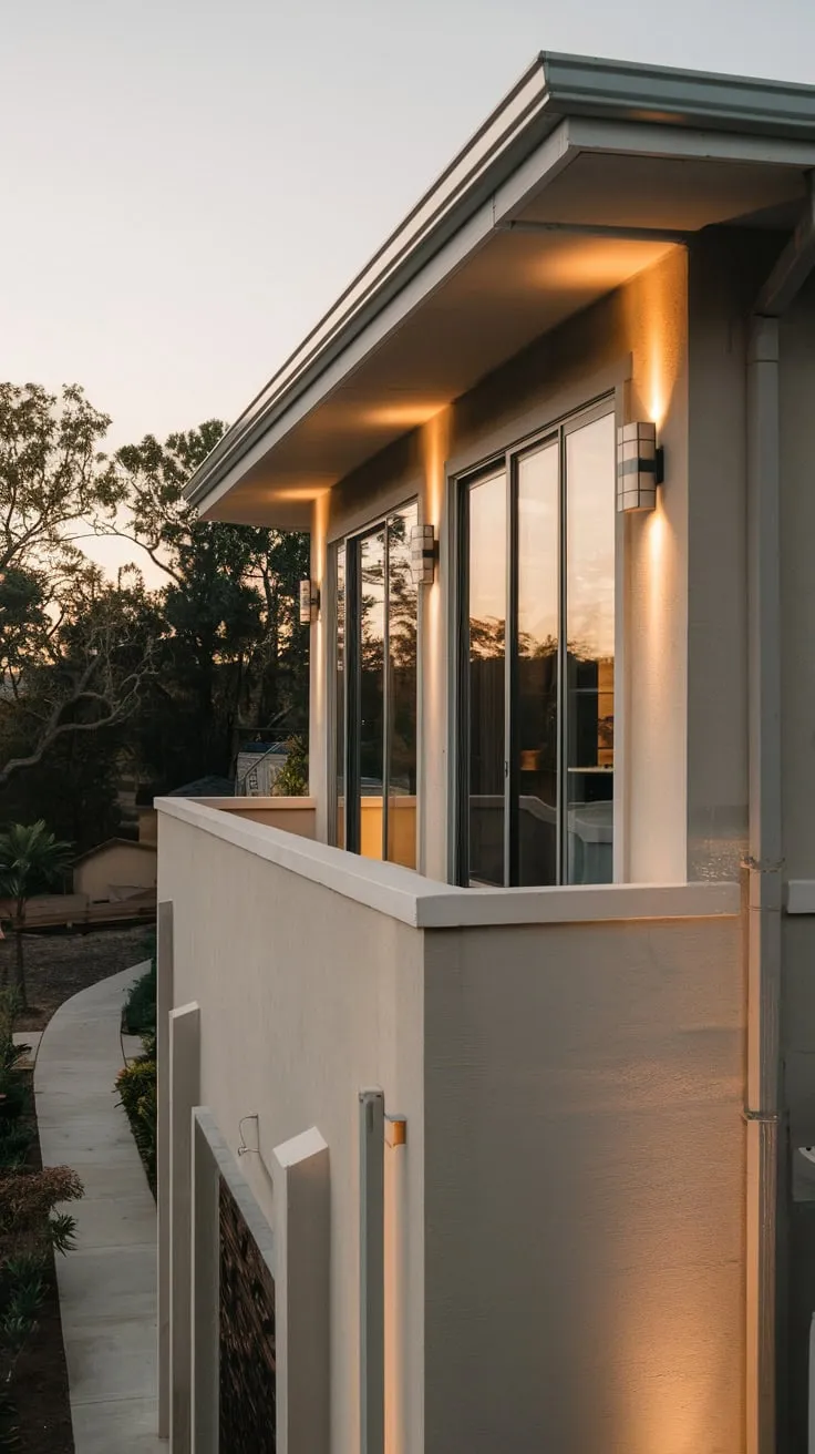 From your high-perched home, soft lighting casts a peaceful glow on your balcony and the tranquil view of trees and pathways below