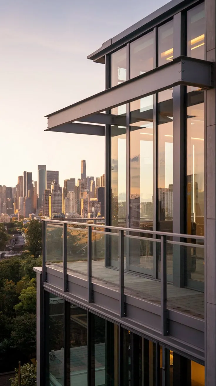 From your high vantage point, you gaze upon a stunning city skyline, bathed in the soft glow of a glass and steel home's balcony lights