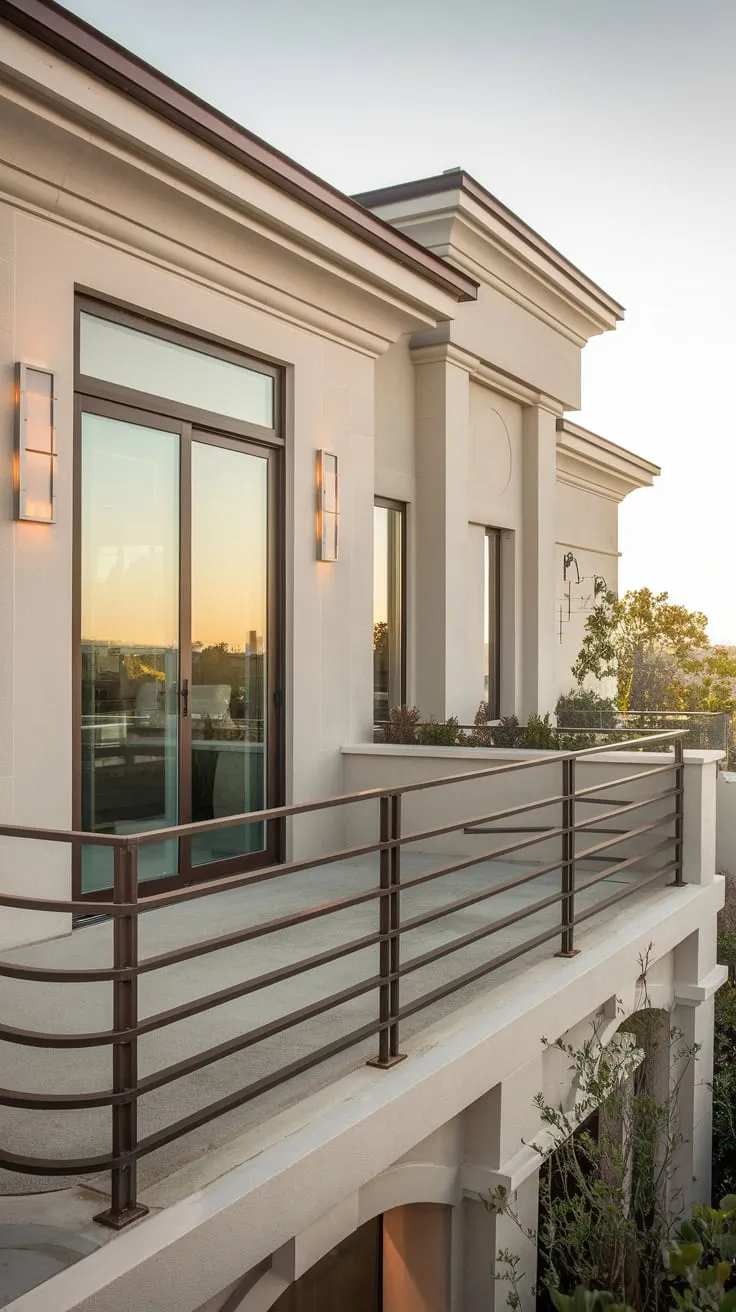 Soft light bathes a detailed photo of your architecturally stunning home, its balcony showcasing a captivating view