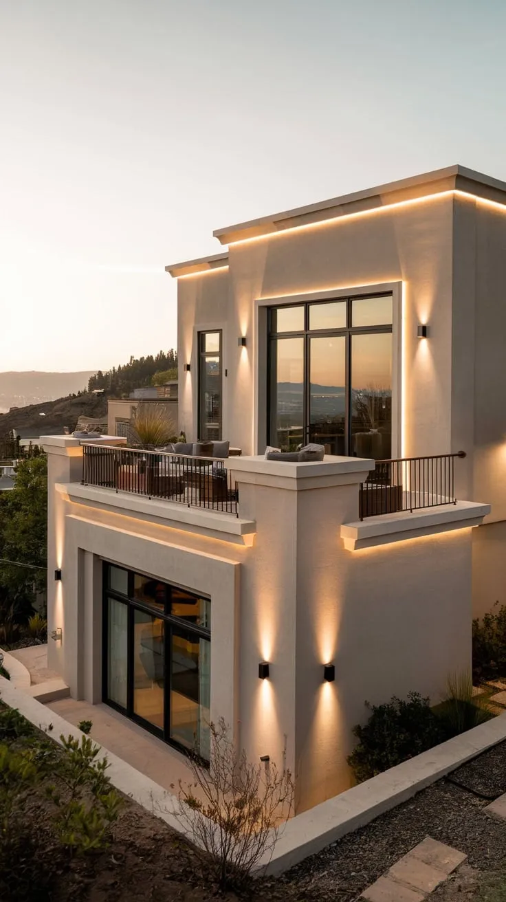 Warm light spills from your balcony, overlooking a cityscape spread beneath a stylish home nestled in the hills
