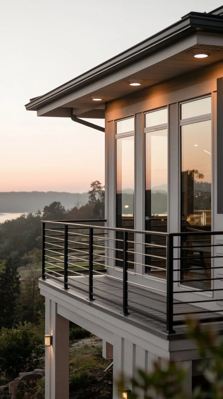 Soft lighting illuminates your hillside home's balcony, overlooking a serene landscape of trees and water