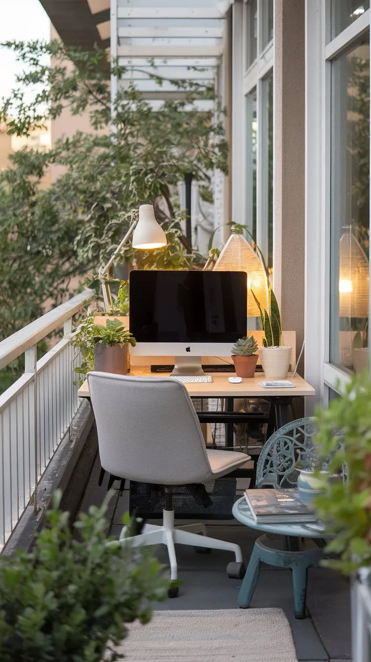 Escape the ordinary with this tranquil balcony office.  Clever use of space transforms a small balcony into a productive and relaxing workspace, offering inspiring views and fresh air. Perfect for those seeking office balcony ideas, outdoor balcony office ideas, or simply relaxing balcony ideas, this setup showcases how even small patio ideas and small outdoor balcony ideas can create a stunning and functional space.  Consider this inspiration for your own condo balcony decorating ideas, apartment balcony ideas, or condo terrace ideas –  small balcony decoration doesn't have to mean sacrificing style or comfort.