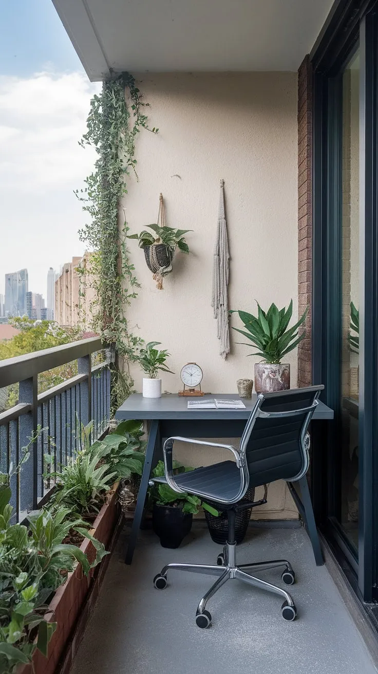 Transform your urban view into an inspiring workspace. This relaxing balcony office proves that even a small outdoor balcony can become a haven of productivity.  Explore these condo balcony decorating ideas and small balcony decoration tips for creating your own perfect office balcony, brimming with small patio ideas and outdoor balcony office ideas.  Perfect for apartment balcony ideas or condo terrace ideas.