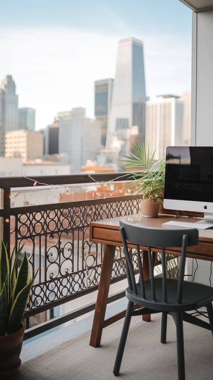 Work from home with a view. This balcony office showcases clever small balcony decoration and small outdoor balcony ideas, perfect for transforming a condo terrace or apartment balcony.  Find inspiration for your own outdoor balcony office ideas and office balcony ideas with this relaxing balcony design.  The decorative railing and fairy lights add a touch of magic to this functional and stylish small patio space.