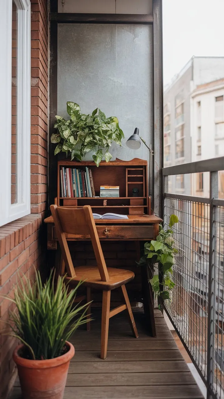 Transform your condo terrace into a tranquil workspace with these inspiring condo terrace ideas. This balcony office showcases the beauty of simple small balcony decoration, blending rustic elements with stunning city views.  Find your perfect balance of work and relaxation with these office balcony ideas and outdoor balcony office ideas.  Perfect for small patio ideas and small outdoor balcony ideas, this setup proves that even the smallest apartment balcony ideas can be maximized for comfort and productivity.  Discover relaxing balcony ideas and create your own inspiring urban retreat.