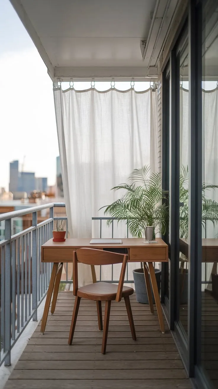 Maximize your space with these relaxing balcony ideas. This small balcony office proves that even a small outdoor balcony can be a stylish and functional workspace.  Explore more small balcony decoration and office balcony ideas for your condo or apartment, drawing inspiration from this charming condo terrace ideas example.