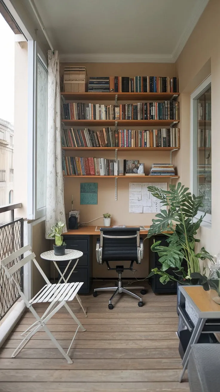 This cozy balcony office proves that even a small space can be a haven of productivity and calm.  Find endless small balcony decoration ideas and inspiration for office balcony ideas, outdoor balcony office ideas, condo balcony decorating ideas, apartment balcony ideas, condo terrace ideas, relaxing balcony ideas, small patio ideas, and small outdoor balcony ideas within this charming setting.