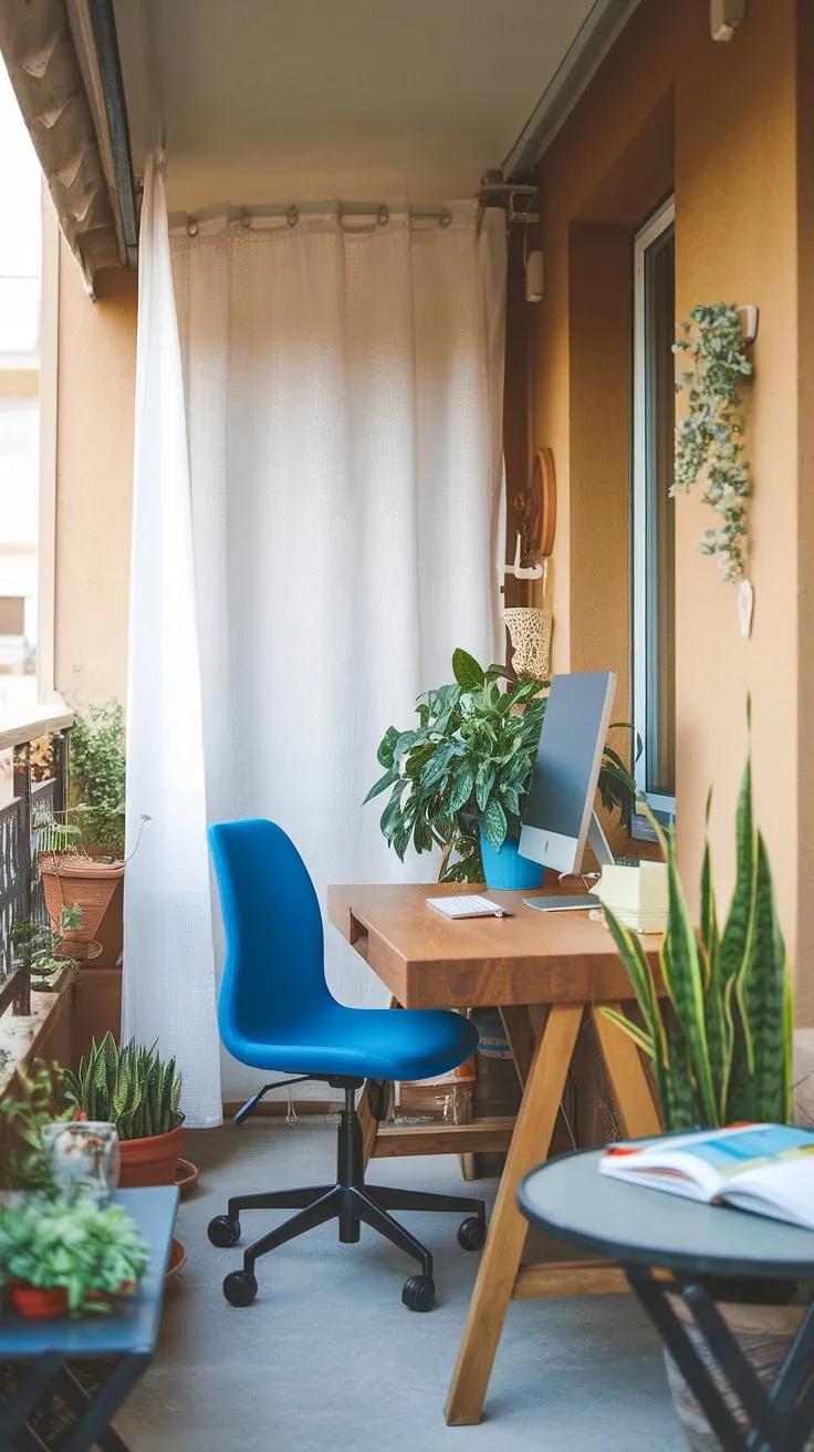 Escape the everyday in this cozy balcony office.  Clever use of space transforms a small condo balcony into a productive and relaxing workspace, showcasing inspiring office balcony ideas and small balcony decoration.  Perfect for those seeking outdoor balcony office ideas, apartment balcony ideas, or condo terrace ideas, this setup proves that even small patio ideas can be incredibly functional and stylish.  The white curtain offers privacy, while the green plant adds a touch of nature to these relaxing balcony ideas.