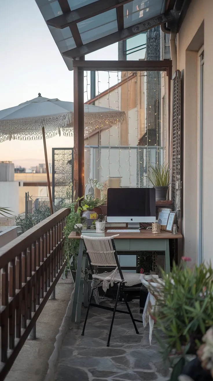 Transform your small outdoor balcony into a dream workspace. This balcony office boasts clever small balcony ideas, perfect for apartment balcony ideas or condo terrace ideas.  The rustic wooden railing and string lights create a relaxing balcony atmosphere, while the cityscape backdrop offers inspiring views.  Find more outdoor balcony office ideas and small patio ideas to create your own tranquil and productive haven, incorporating these small balcony decoration tips.