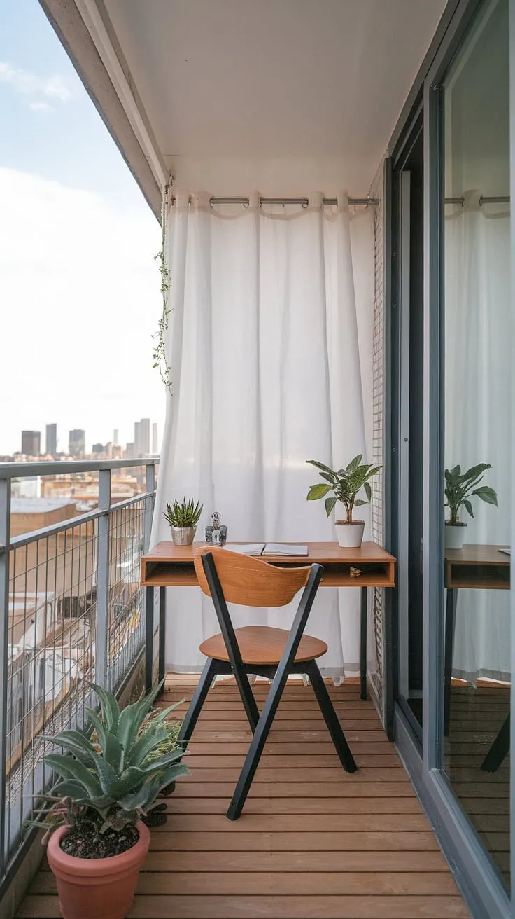 Transform your urban apartment into a tranquil retreat with this inspiring balcony office setup.  Clever use of space and a few potted plants create a productive yet relaxing workspace, perfect for those seeking outdoor balcony office ideas or condo terrace ideas. This small balcony decoration showcases how even a small patio or small outdoor balcony can become a functional and stylish office.  Consider this for your next condo balcony decorating ideas or apartment balcony ideas.