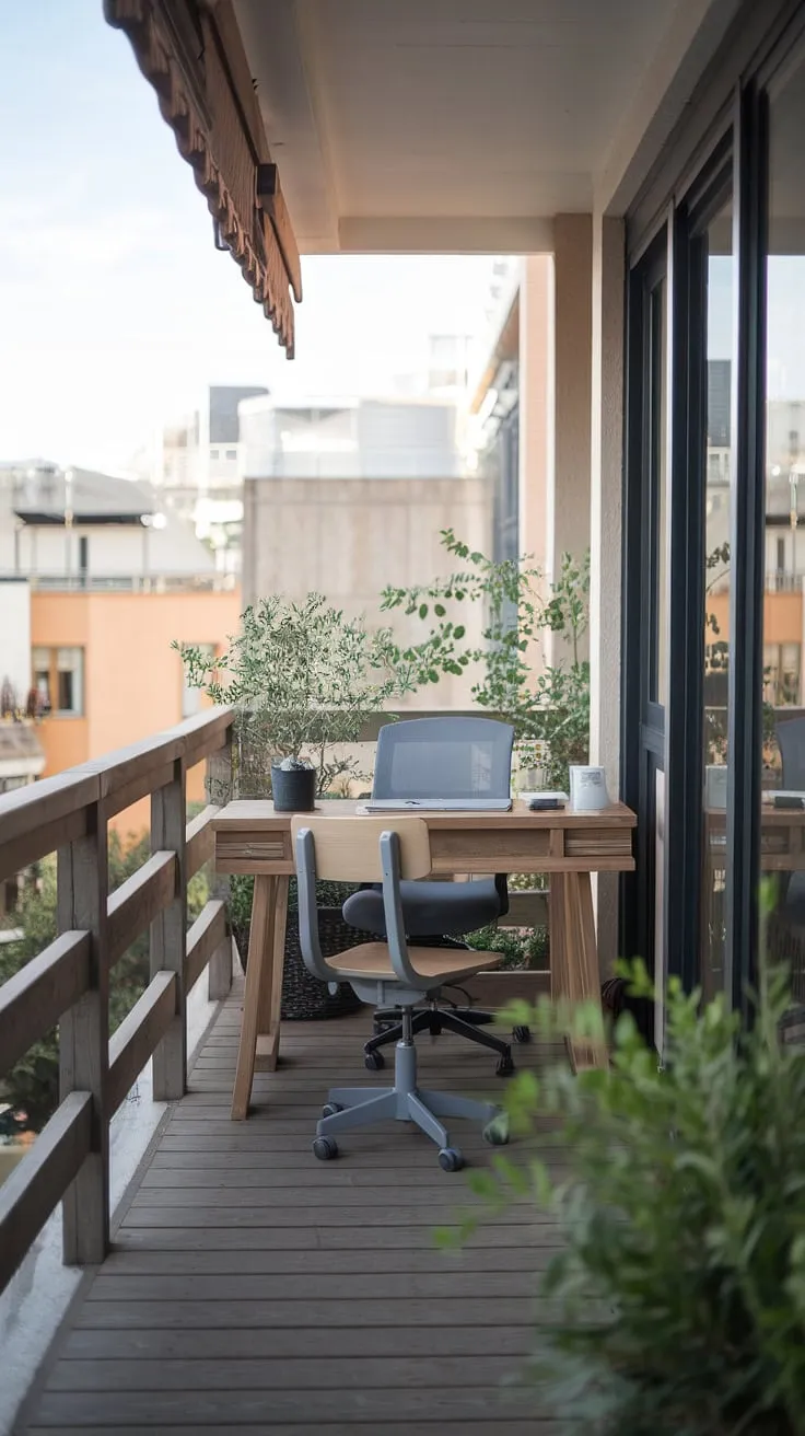 Escape the ordinary with this rustic balcony office.  Find inspiration for your own space with these office balcony ideas, outdoor balcony office ideas, and condo balcony decorating ideas.  The calming ambiance is perfect for productivity, showcasing how even a small patio or small outdoor balcony can be transformed into a tranquil workspace.  Consider these apartment balcony ideas, condo terrace ideas, relaxing balcony ideas, and small balcony decoration tips for your own urban oasis.
