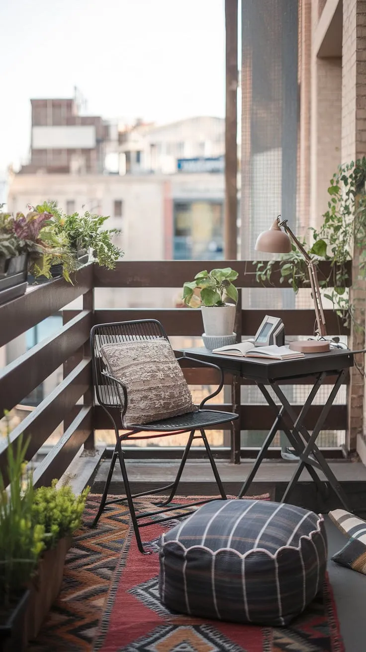 This relaxing balcony office is the epitome of condo balcony decorating ideas.  From the small balcony decoration to the thoughtful placement of plants, every detail contributes to a peaceful and productive atmosphere.  Explore these office balcony ideas and discover how to maximize your outdoor space.  Whether you live in a condo or apartment, these small outdoor balcony ideas and small patio ideas will inspire you to create your own tranquil workspace.  Perfect for those seeking relaxing balcony ideas.