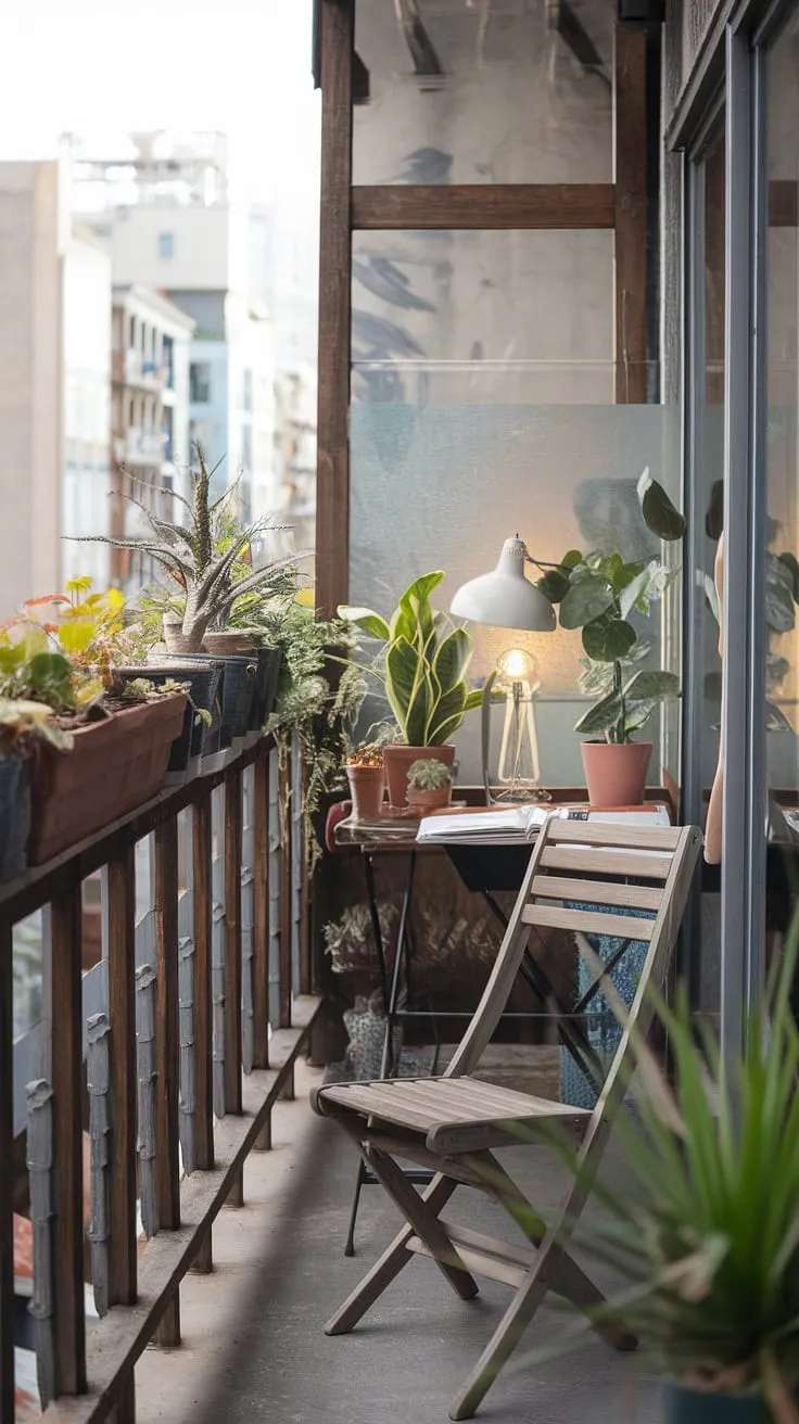 Escape the city's hustle in this charming rustic balcony office.  Office balcony ideas don't get much better than this blend of comfort and productivity.  Find inspiration for your own outdoor balcony office ideas, condo balcony decorating ideas, apartment balcony ideas, or even condo terrace ideas with this relaxing balcony design.  Perfect for small patio ideas and small outdoor balcony ideas, this small balcony decoration proves that even limited space can be transformed into a tranquil workspace.