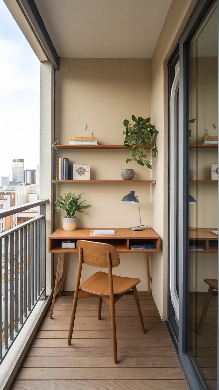 This cozy balcony office proves that even the smallest space can be a haven of productivity.  From the wooden desk and chair to the potted plant, every detail contributes to a calming atmosphere.  Find inspiration for your own office balcony, drawing ideas from this example of smart condo balcony decorating, apartment balcony ideas, condo terrace ideas, relaxing balcony ideas, small patio ideas, small outdoor balcony ideas, and small balcony decoration.