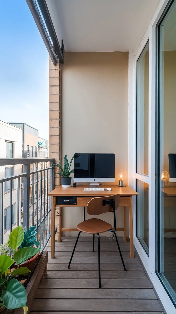 Escape the ordinary with this tranquil balcony office.  Clever use of space transforms a small condo balcony into a productive and relaxing workspace, showcasing inspiring office balcony ideas and small balcony decoration.  Perfect for those seeking outdoor balcony office ideas, apartment balcony ideas, or condo terrace ideas, this setup offers a blend of functionality and serenity.  Consider these small patio ideas and small outdoor balcony ideas for your own inspiring retreat.