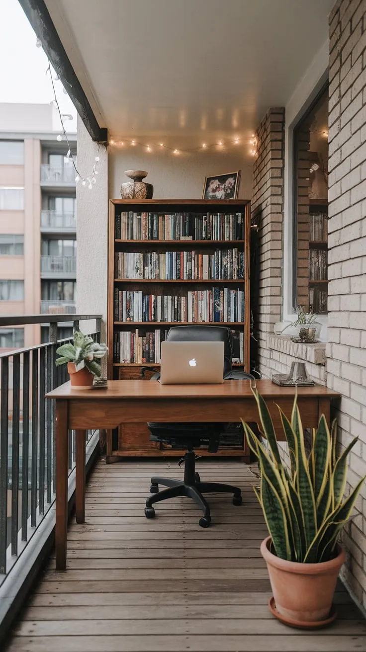 Escape the ordinary with this charming balcony office.  Rustic wood, twinkling fairy lights, and a view to inspire—perfect examples of condo balcony decorating ideas, outdoor balcony office ideas, and relaxing balcony ideas all rolled into one.  This small balcony decoration proves that even a small patio or small outdoor balcony can become a productive and peaceful workspace.  Get inspired by these office balcony ideas and apartment balcony ideas for your own condo terrace ideas.