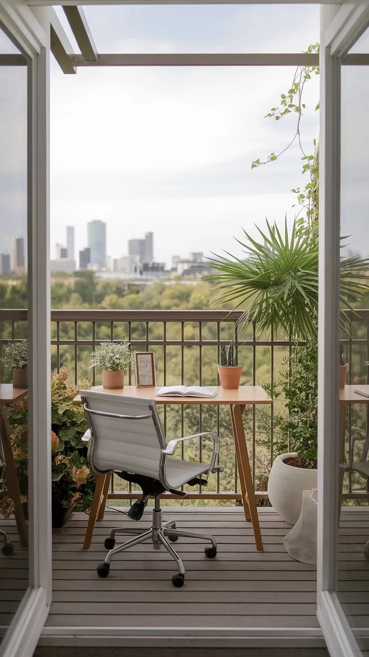 Escape the ordinary with this serene balcony office.  Clever use of space transforms a small balcony into a productive and relaxing workspace, offering inspiring views and fresh air. Perfect for those seeking office balcony ideas, outdoor balcony office ideas, or condo terrace ideas; this setup showcases how even small patio ideas and small outdoor balcony ideas can create a stunning and functional space.  Consider this your guide to apartment balcony ideas and condo balcony decorating ideas, proving that small balcony decoration can be both stylish and efficient.