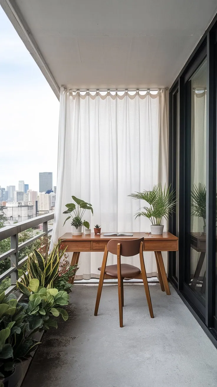 Escape the everyday in this serene balcony office.  The perfect blend of functionality and tranquility, this space showcases clever condo balcony decorating ideas, transforming a small outdoor balcony into a productive and relaxing haven.  From office balcony ideas to small patio ideas, this design offers inspiration for maximizing small balcony decoration and creating a stunning apartment balcony or condo terrace.