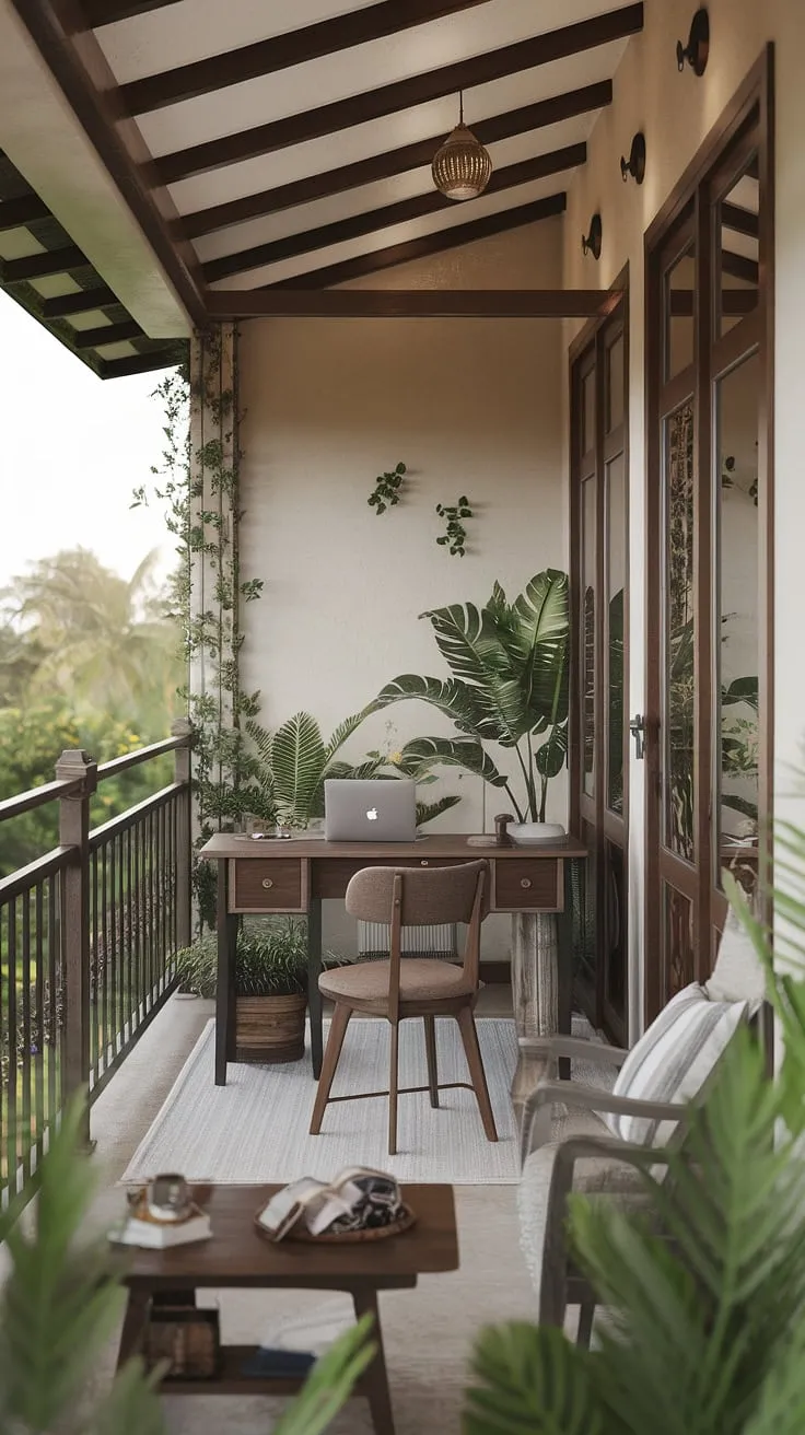 Escape the ordinary and embrace the extraordinary with this tranquil balcony office.  Find inspiration in the rustic charm and serene views, perfect for those seeking office balcony ideas, outdoor balcony office ideas, or simply relaxing balcony ideas.  This small balcony decoration showcases how even a small patio ideas or small outdoor balcony ideas can transform into a productive and peaceful workspace. Consider these condo balcony decorating ideas and apartment balcony ideas for your own inspiring condo terrace ideas.