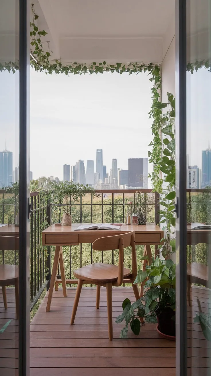 Escape the city bustle in this tranquil balcony office.  Clever use of space transforms a small condo balcony into a productive and relaxing workspace.  Find inspiration for your own outdoor balcony office, small patio ideas, or apartment balcony ideas with this inspiring small balcony decoration.  Consider these condo terrace ideas and relaxing balcony ideas for your own urban oasis.