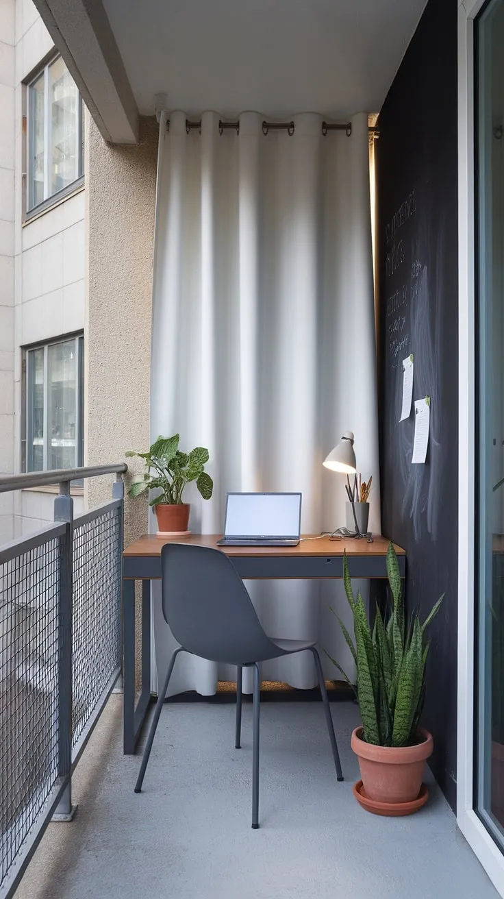 Transform your condo balcony into a productive and peaceful haven with these inspiring outdoor balcony office ideas. This small balcony decoration showcases how even a small patio can become a functional and relaxing balcony office, perfect for those seeking apartment balcony ideas or condo terrace ideas.  The white curtain offers privacy, while the chalkboard adds a touch of personality.