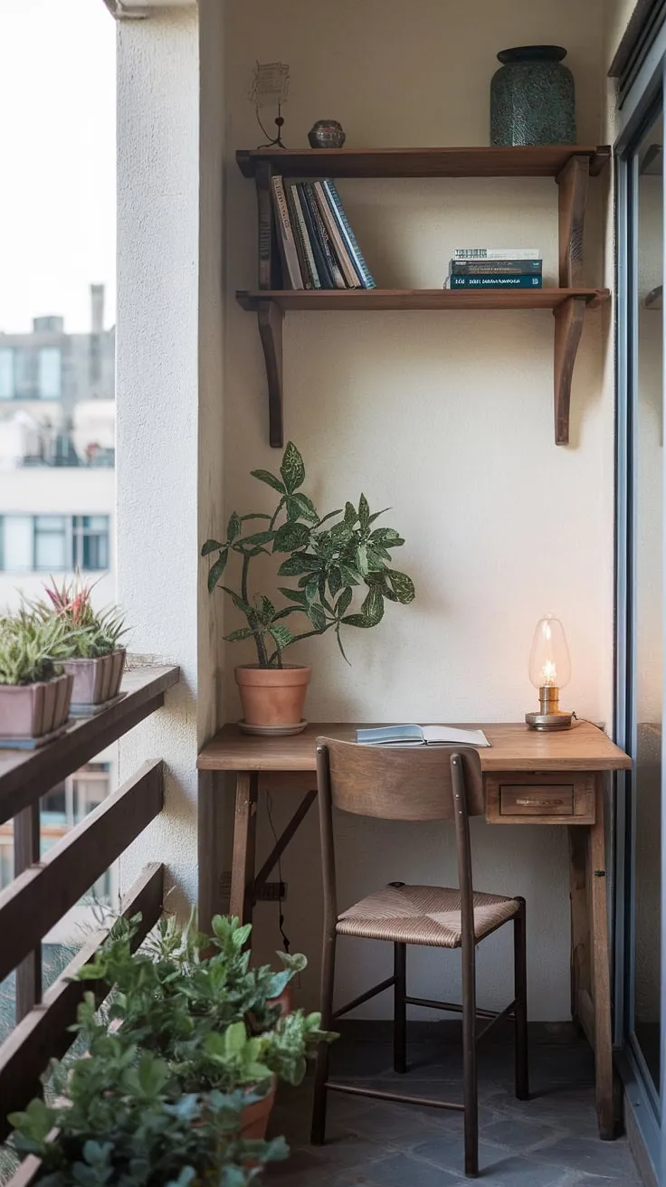 Escape the ordinary with this rustic balcony office.  Clever use of space transforms a small balcony into a productive and relaxing workspace, offering inspiring city views. Perfect for those seeking office balcony ideas, outdoor balcony office ideas, condo balcony decorating ideas, apartment balcony ideas, or condo terrace ideas – this setup proves that even small patio ideas and small outdoor balcony ideas can be incredibly stylish and functional.  Small balcony decoration doesn't have to be limiting; this space showcases relaxing balcony ideas and proves that a little creativity can go a long way.