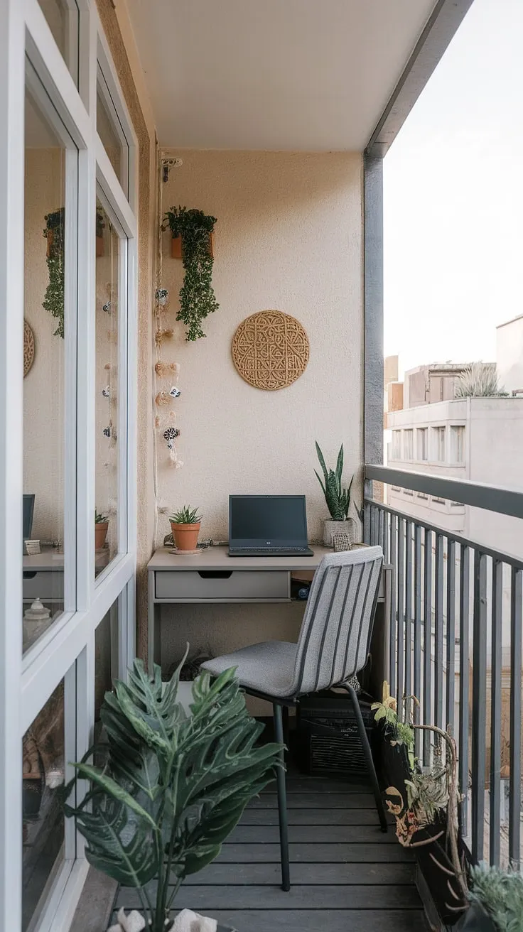 Escape the everyday in this tranquil balcony office.  Small patio ideas and relaxing balcony ideas came together to create this inspiring workspace.  With clever small balcony decoration and outdoor balcony office ideas, I've maximized this small space.  Perfect for those seeking office balcony ideas or condo terrace ideas for their apartment balcony ideas.
