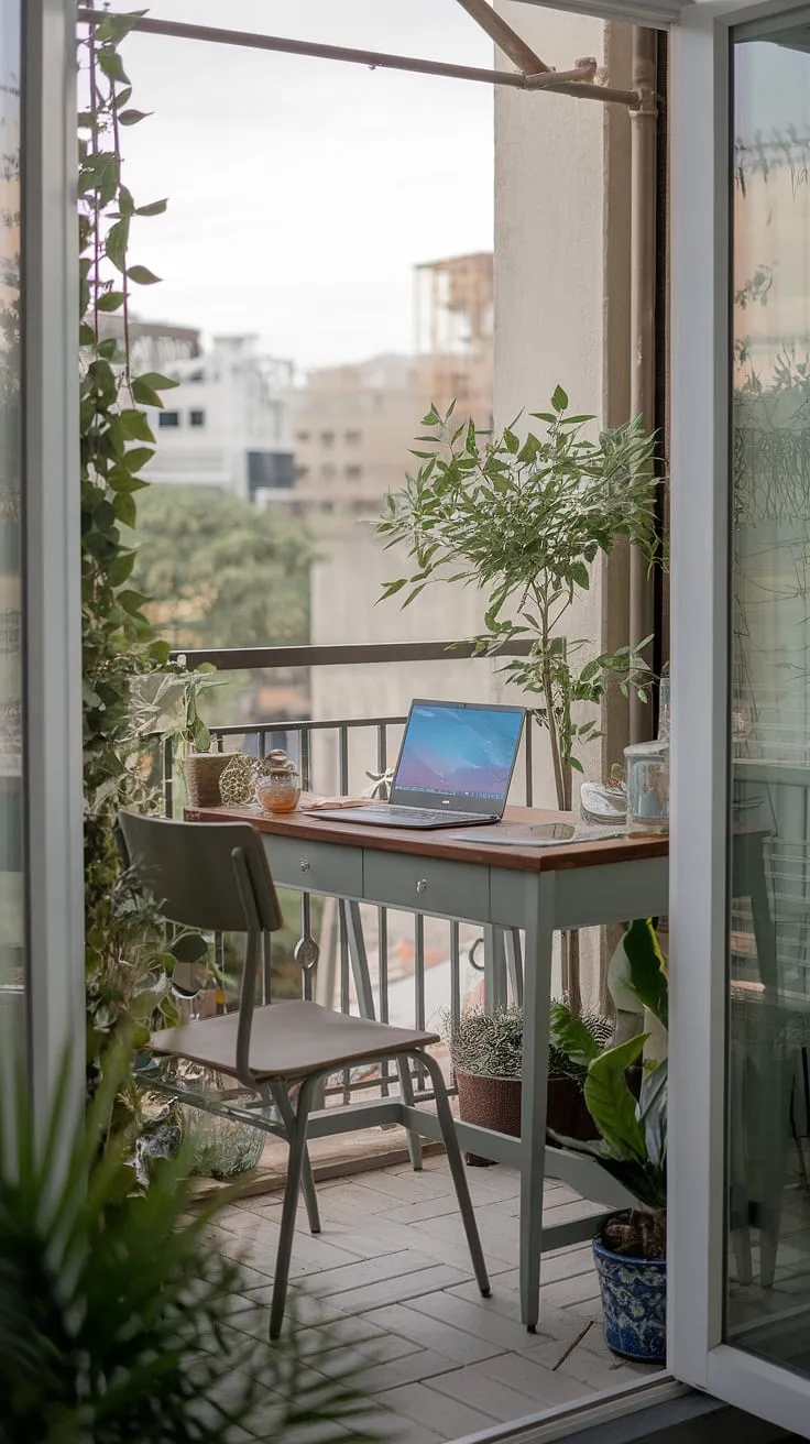 My peaceful balcony office, a sanctuary amidst the city buzz.  This small space proves that even a tiny balcony can be transformed into a productive and relaxing workspace.  Finding inspiration in these outdoor balcony office ideas and condo terrace ideas was key to creating this haven.  Perfect examples of small patio ideas and small balcony decoration, this setup offers a blend of functionality and serenity.  For more condo balcony decorating ideas and apartment balcony ideas, explore the possibilities of your own outdoor space.