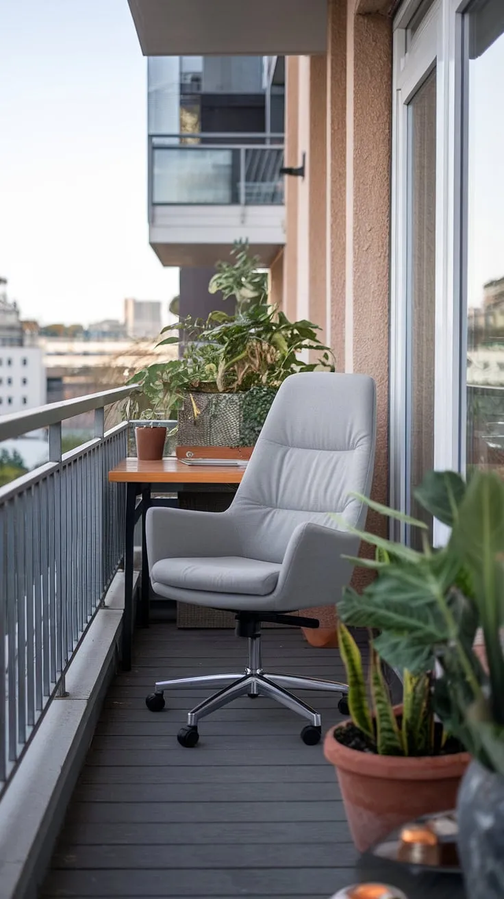 Escape the everyday in this serene balcony office.  Clever use of space transforms a small balcony into a productive and relaxing workspace, offering inspiring city views. Perfect examples of office balcony ideas, outdoor balcony office ideas, and small balcony decoration, this setup showcases how condo balcony decorating ideas and apartment balcony ideas can create a tranquil oasis.  Consider this inspiration for your own relaxing balcony ideas or small patio ideas, even with limited space.