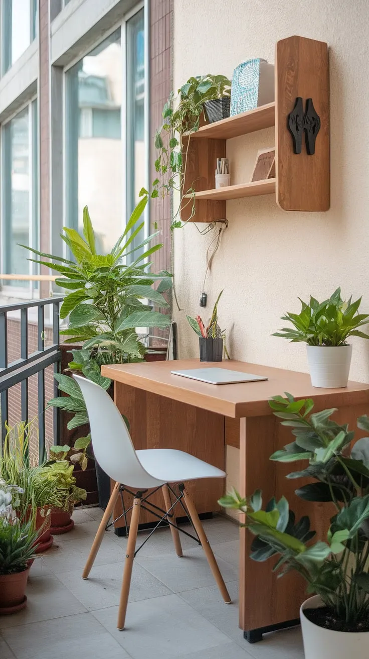 Escape the ordinary with this inspiring balcony office setup.  Small outdoor balcony ideas meet functionality and style in this relaxing balcony office, proving that even small balcony decoration can create a productive and peaceful environment. Find more condo balcony decorating ideas and small patio ideas to personalize your own outdoor workspace.
