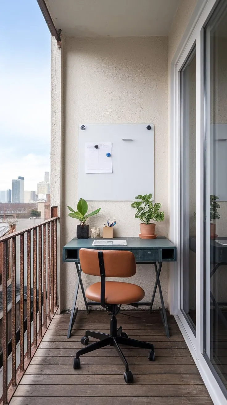 Transform your apartment balcony into a tranquil workspace with these outdoor balcony office ideas. This small balcony decoration demonstrates how simple design elements—a minimalist desk, a touch of greenery, and a rustic railing—can create a stunning condo balcony decorating ideas.  Find inspiration for your own relaxing balcony ideas and small outdoor balcony ideas in this inspiring city-view haven.  Perfect for small patio ideas, this balcony office is a testament to maximizing space and style.