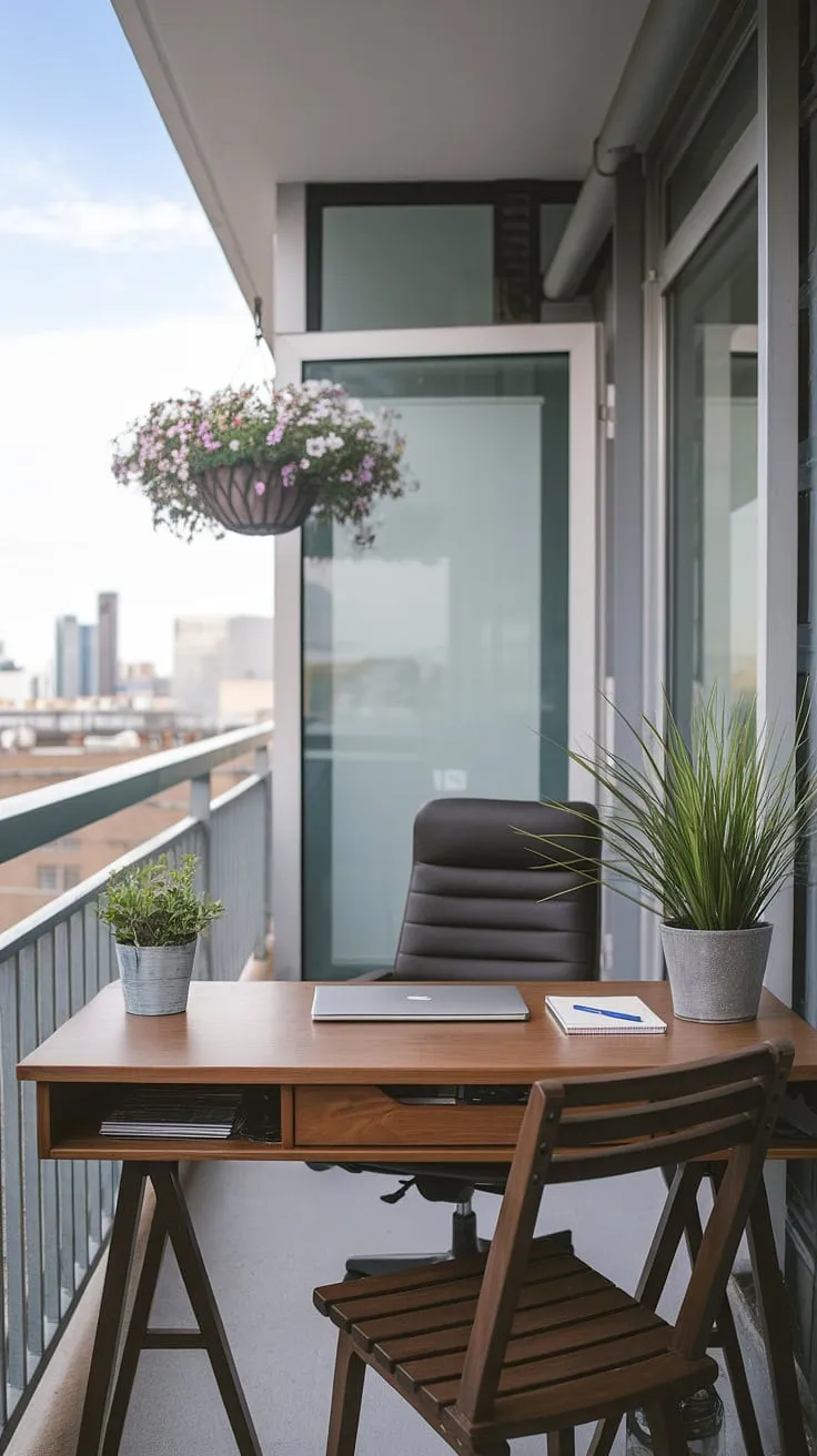 Escape the everyday in this serene balcony office.  The perfect blend of productivity and tranquility, this space showcases clever small balcony decoration and offers inspiring office balcony ideas for maximizing your condo terrace ideas.  From small patio ideas to relaxing balcony ideas, this setup proves that even a small outdoor balcony can become a haven for work and relaxation.  Consider this your guide to apartment balcony ideas and condo balcony decorating ideas.