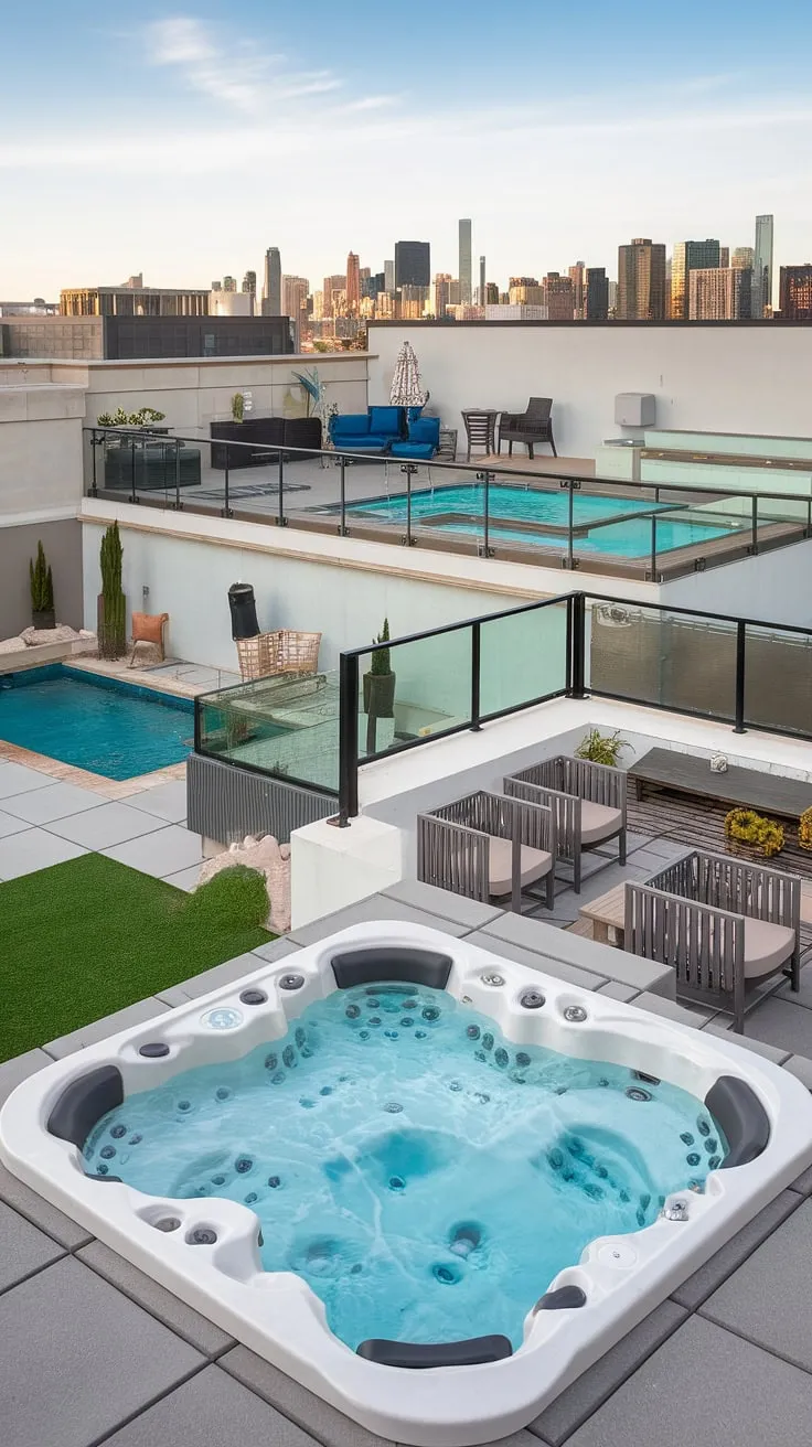 Escape to your dream rooftop deck: a balcony pool, plunge pool, and outdoor hot tub await. Enjoy the spa patio, small backyard pool, and expansive outdoor living space overlooking the city skyline.