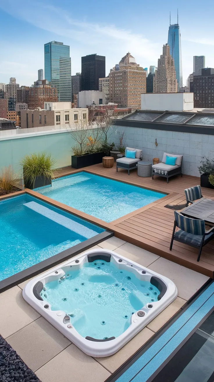 Indulge in ultimate relaxation with this rooftop pool paradise. A stunning balcony pool, plunge pool, and pool deck overlook the city skyline, while a cozy outdoor hot tub and spa patio complete this outdoor living space. Your private backyard oasis starts here.