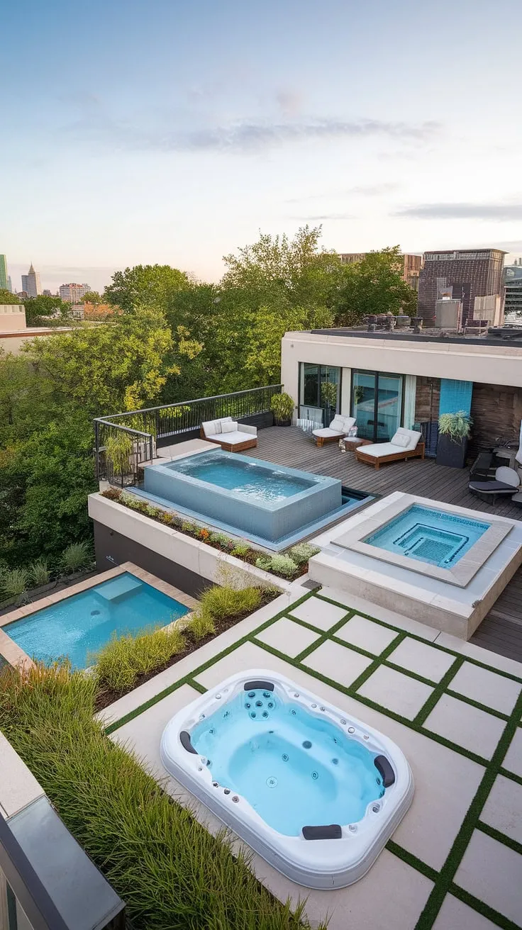 Indulge in the ultimate outdoor living space: a private rooftop deck boasting a breathtaking balcony pool and a refreshing plunge pool. The meticulously designed pool deck flows seamlessly into a serene spa patio, complete with an outdoor hot tub. A hidden small backyard pool adds an extra touch of luxury to this backyard oasis, all while enjoying the stunning city skyline from your rooftop pool.