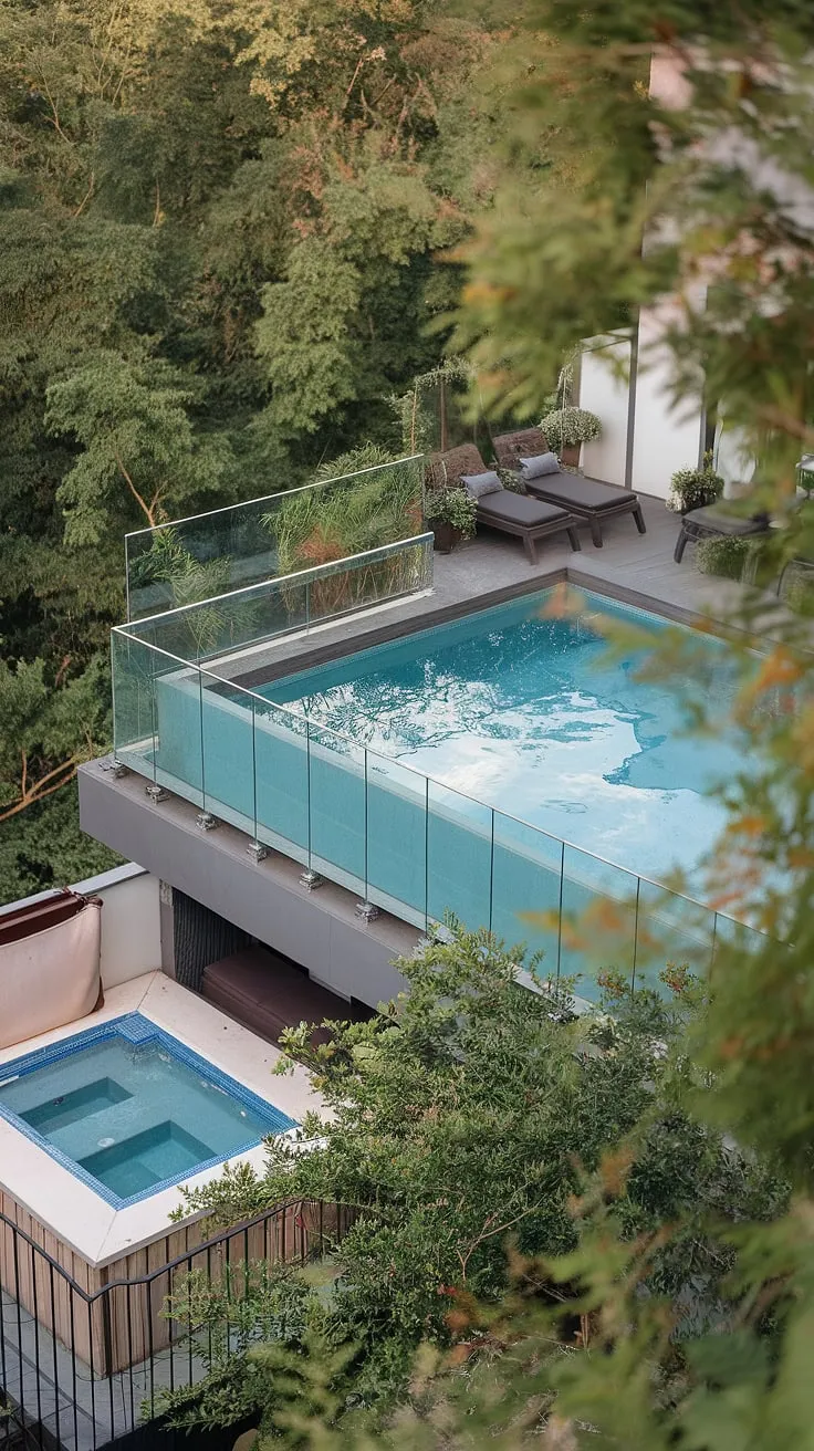 Indulge in luxury on your rooftop deck. This small backyard pool, featuring a glass-railed balcony pool and a nearby plunge pool, transforms your spa patio into a serene outdoor living space.