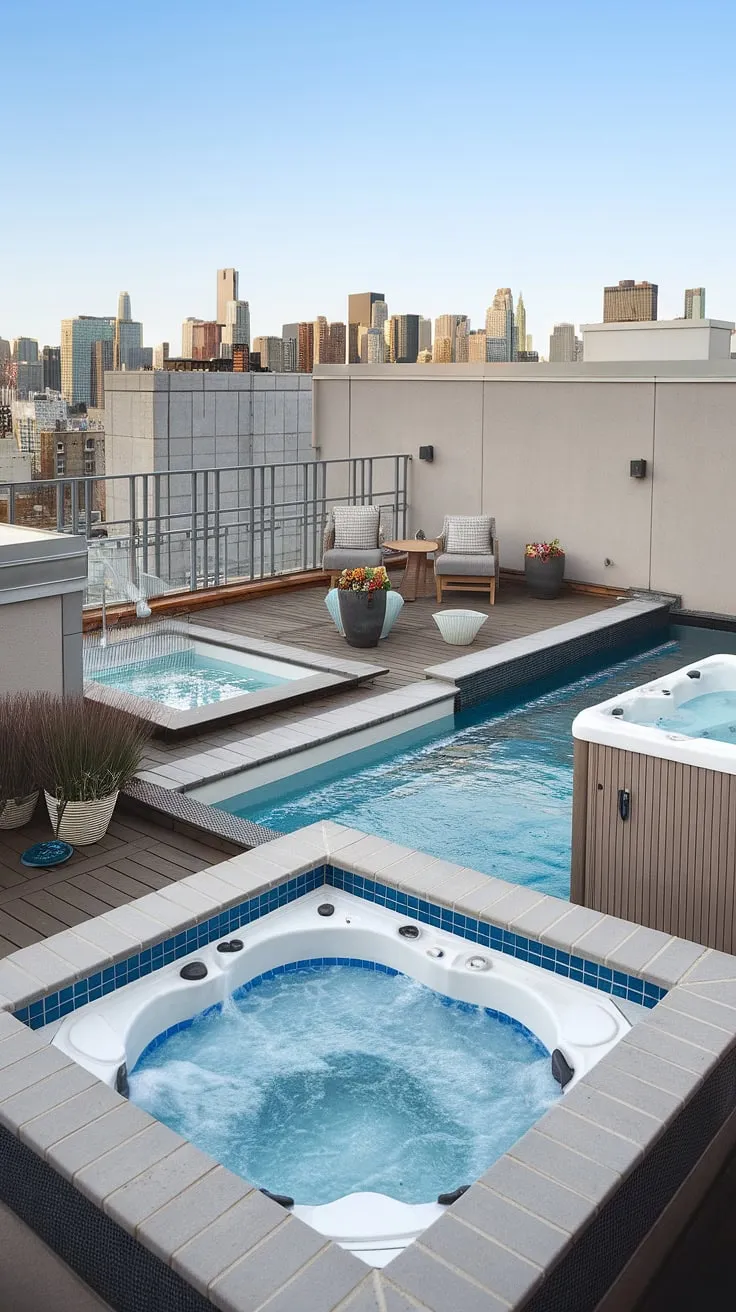 Unwind in your own private backyard oasis: a rooftop deck featuring a stunning balcony pool, plunge pool, and outdoor hot tub. The perfect outdoor living space.